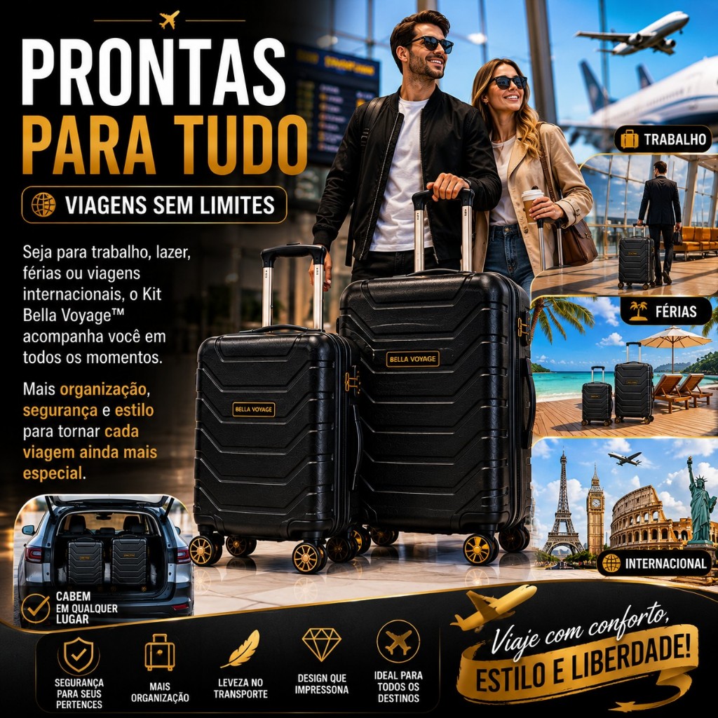Kit 2 Malas De Viagem Preto 18 e 20 Polegadas Rodinhas 360° Mala De Bordo Mala Média Resistente Premium