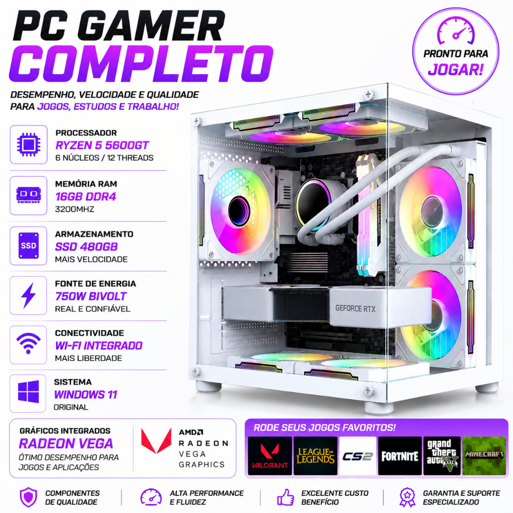 Pc Gamer Branco Ryzen 5 5600gt 16gb 3200mhz SSD Sata 480GB Fonte 750w BIVOLT Wifi Windows 11