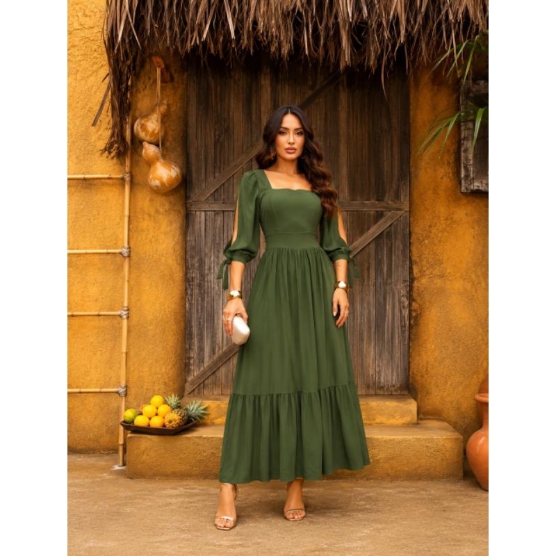 Vestido Feminino Maxi Midi Elegante Viscolinho Premium Decote Princesa Manga 3/4 Duas Marias Confortável Luxo