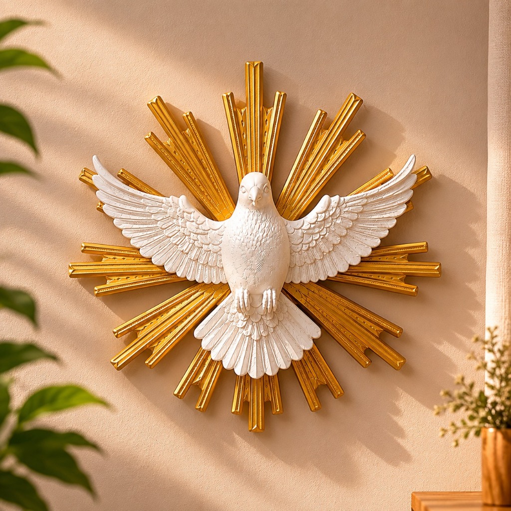 Divino Espírito Santo Decorativo Branco e Dourado | Imagem Religiosa de Parede | Decoração Católica