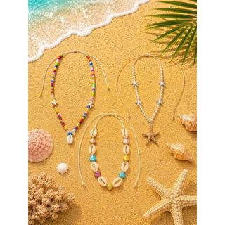 Colar Femininas Praia  com Conchas Estrela-do-Mar e Miçangas Ajustáveis