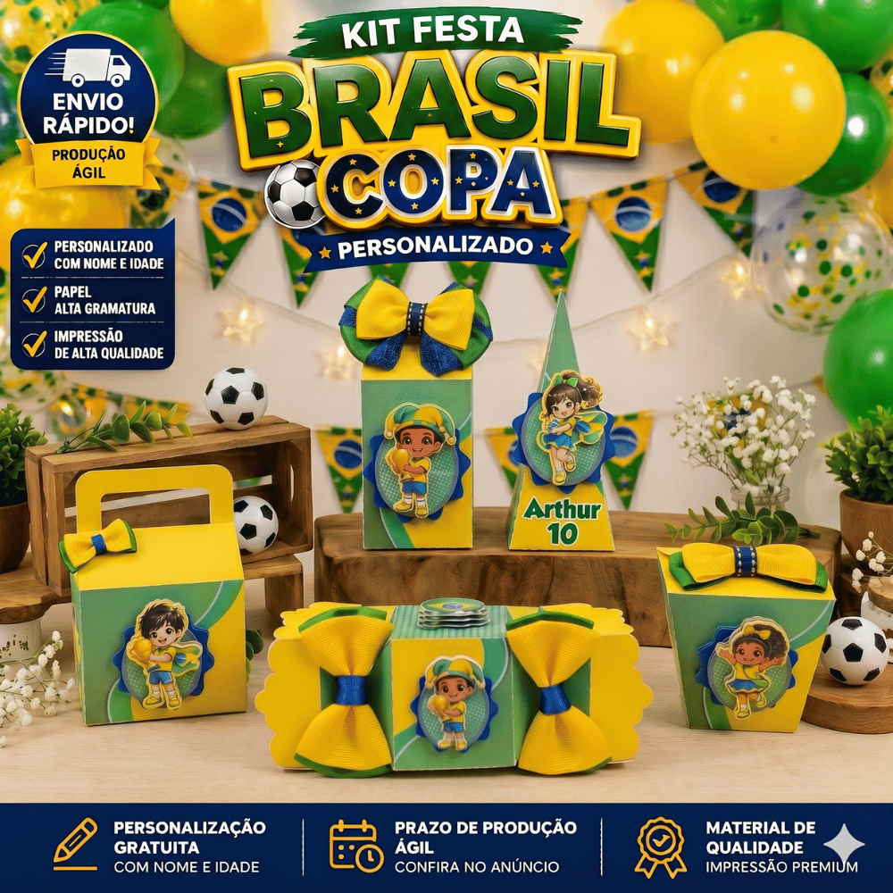 Kit Festa Futebol Brasil Copa Personalizado | Lembrancinhas Festa Infantil | Caixinhas Personalizadas | Aniversário Fute