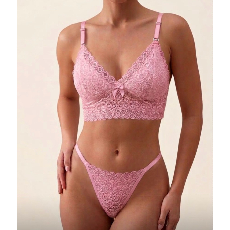 Conjunto Lingerie de Renda Sem Bojo Sem Aro com Regulagem | Sutiã Confortável + Calcinha com Forro 100% Algodão| P ao GG