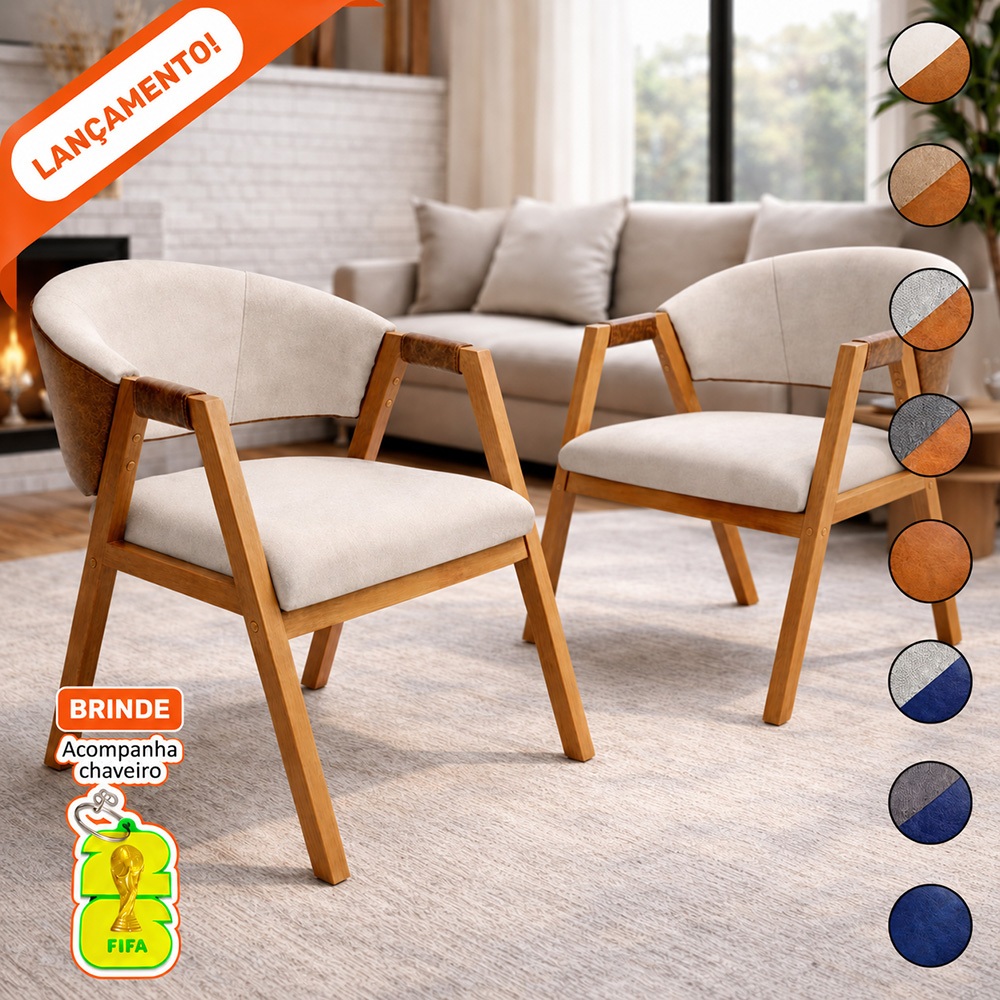 Kit 2 Poltronas Hellen Suellen Decorativa Para Sala Linho Courino Pés de Madeira Aninha Poltronas