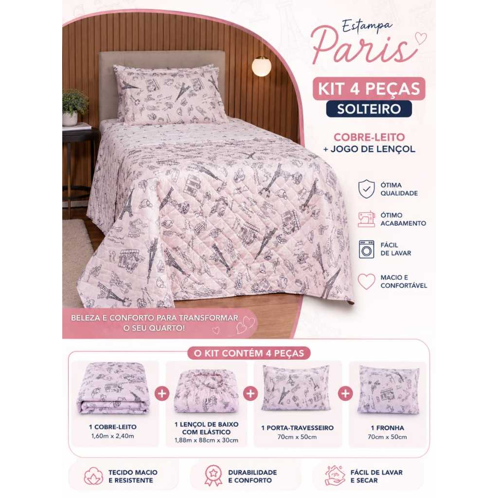 Kit Cobre Leito Colcha e Jogo de Lençol Solteiro 4 Peças Estampado 180 Fios Basic Estampa Paris Rosa