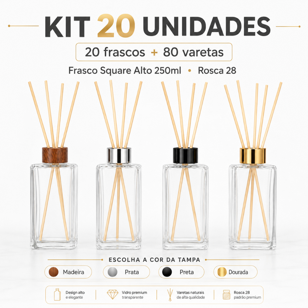 Kit 20 Frascos Vidro Retangular 250ml Para Aromatizador Difusor De Ambiente Lembrancinha Revenda Com 80 Varetas