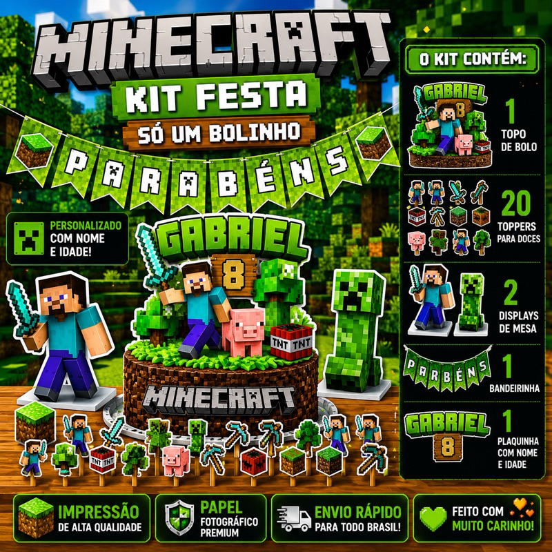 Kit Festa Minecraft Só Um Bolinho Personalizado Completo com Topo de Bolo e Toppers