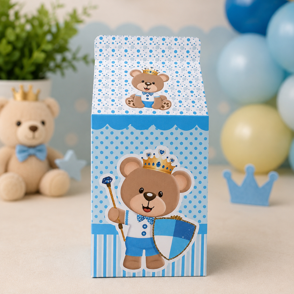 Caixinha Milk Ursinho Príncipe Azul Chá de Bebê Personalizada Lembrancinha para Festa