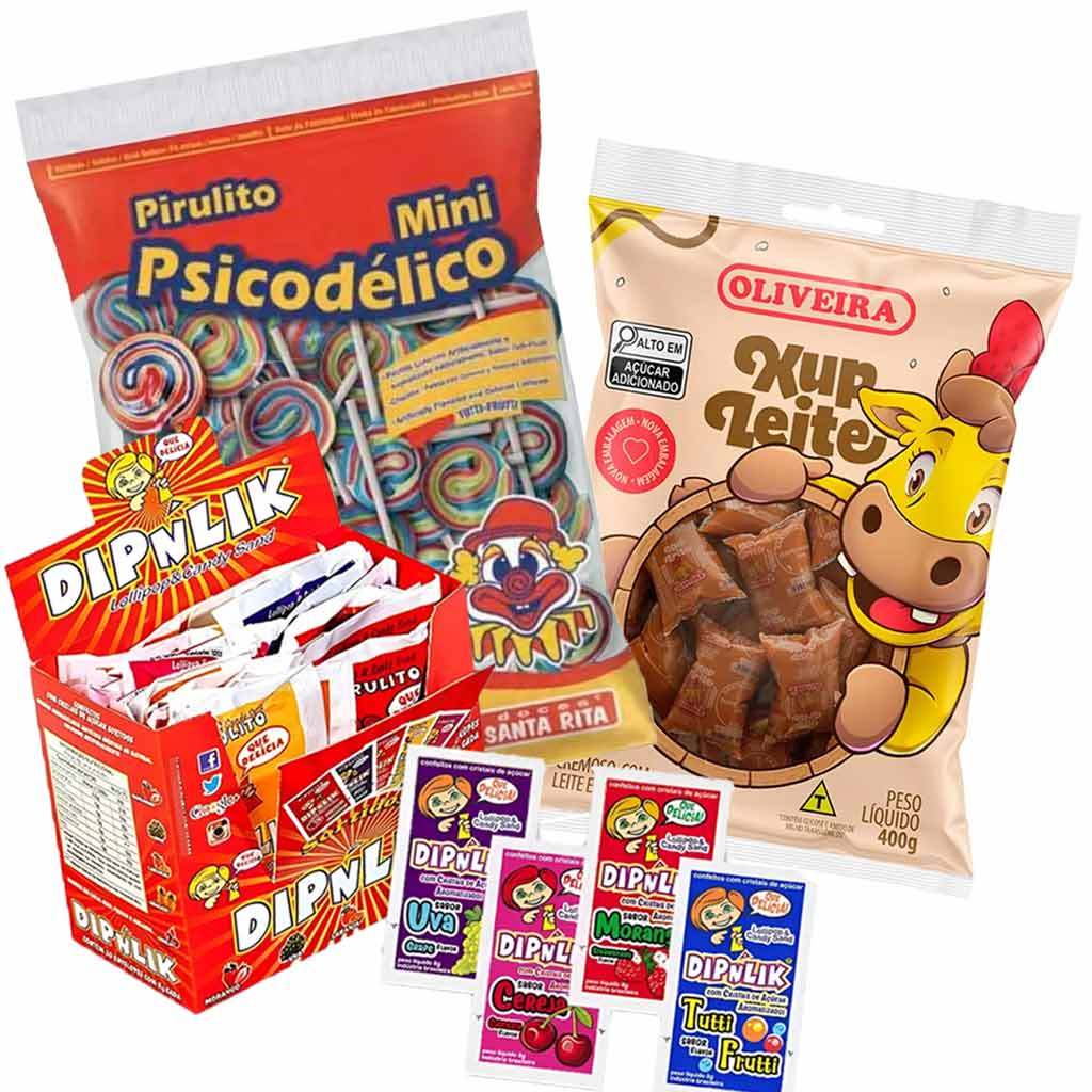 Kit Festa Aniversário Lembrancinhas Pirulito Dipnlik + Xup Doce de Leite Oliveira + Mini Pirulito Psicodélico Santa Rita