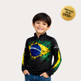 Camiseta Camisa Blusa de Pesca Infantil Agro Brasil New Fisher com Proteção UV50 + Ziper