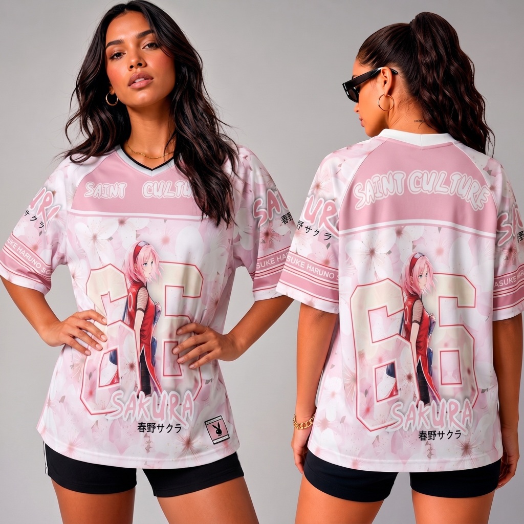 Camiseta Oversized Jersey Streetwear Sakura Haruno Naruto Anime Skatewear Americana Swag Y2K Unissex