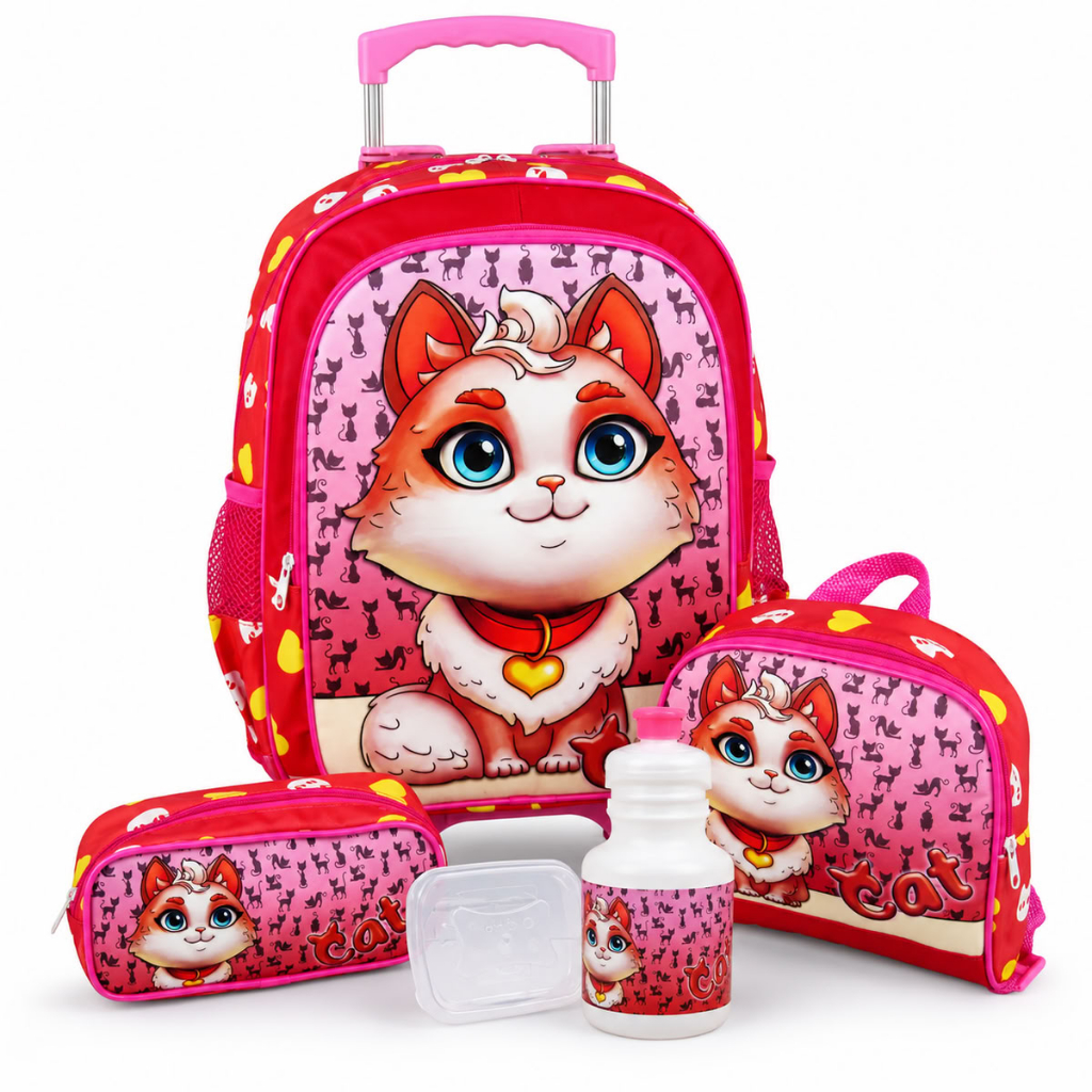 Kit Mochila Escolar Infantil De Rodinhas Gatinha Cat Lancheira Estojo Garrafa E Pote
