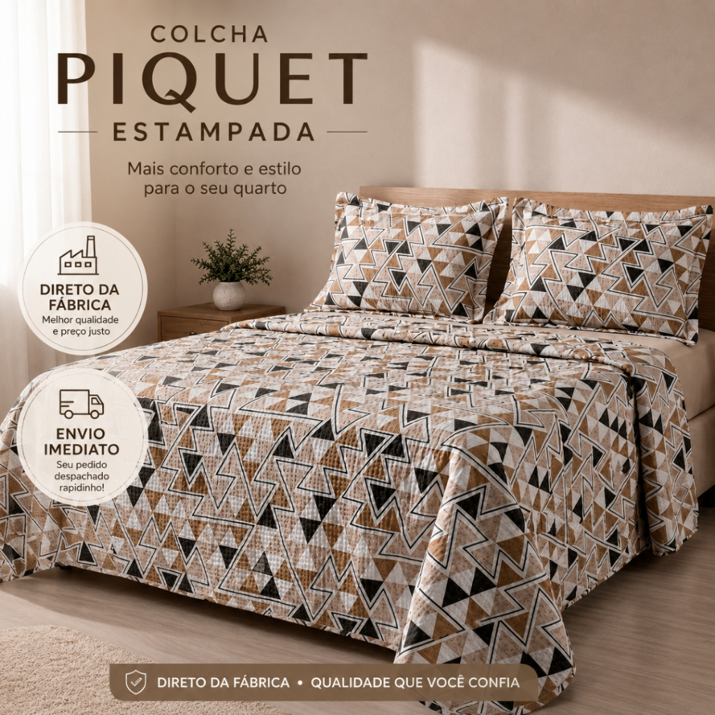 Kit Colcha Cobre Leito Piquet Estampado 3 Peças Solteiro Queen King