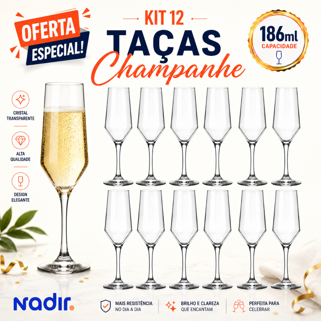 Kit 12 Taças de Champanhe Espumante 186ml Vidro Taça Buffet Nadir Figueiredo