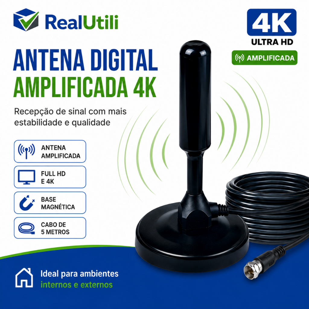Antena Digital 4k Smart Tv Full Hd Amplificada Interna E Externa Cabo 5 Metros Base Imã - RealUtili