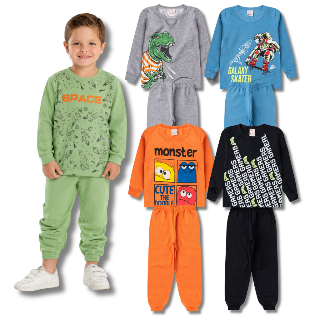 Kit 4 Peças Moletom Masculino Infantil Inverno - Kit 2 Conjuntos Moletom - 2 Cas