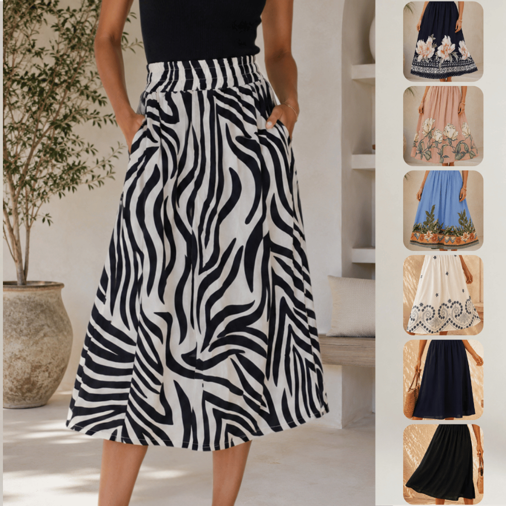 Saia Godê Midi Feminina Viscolinho Com Bolsos Moda Evangélica Lisa Estampada Cintura Elástica