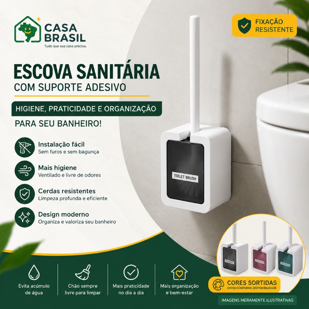 Escova Sanitária Suporte Adesivo Parede Limpa Vaso Privada Banheiro Escovinha Vassourinha Sem Furo