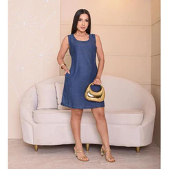 Vestido Moda Feminina Regata Soltinho Jeans 100% Liocel Original Soltinho Leve e Fresquinho
