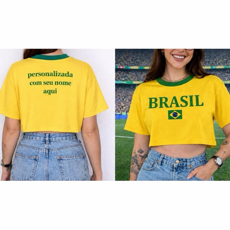Cropped Brasil Feminino Personalizado COM SEU NOME Camiseta Seleção Brasileira Copa 2026