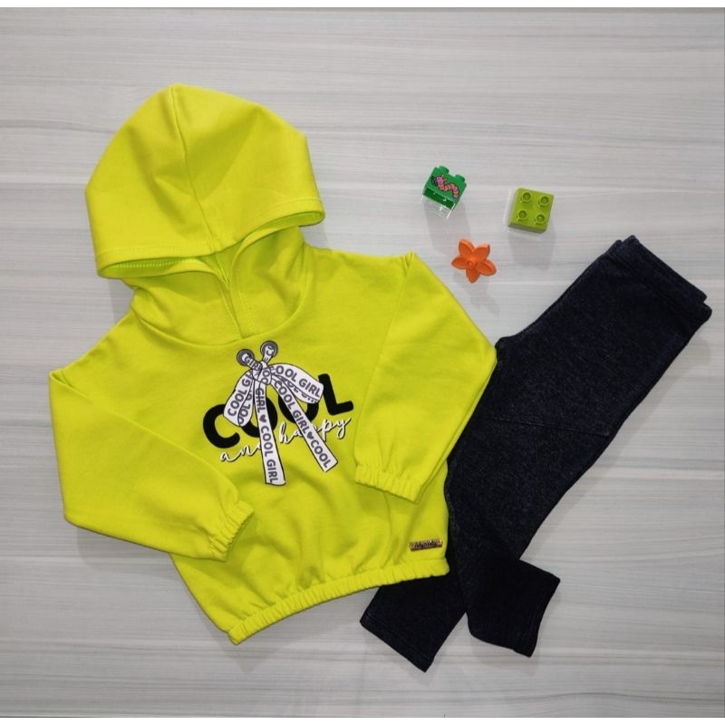 kit Com Dois Conjuntos Outono Inverno Em Moletom Peluciado Pijama Brandili / Blusão Com Capuz + Calça Legging Kely Kety