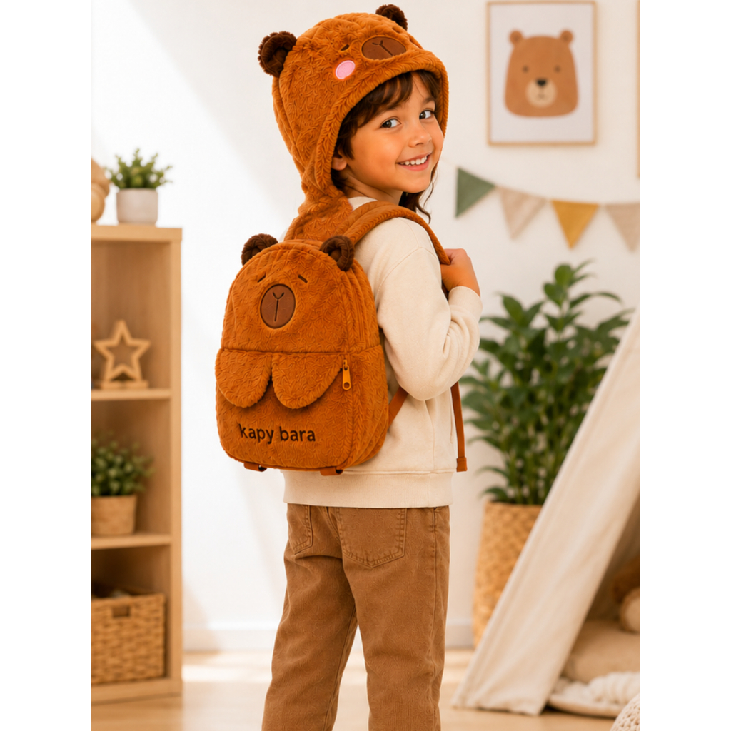 Mochila Divertida Infantil Com Capuz Casual E Escolar E Passeio Desenho De Capivara Pelúcia Bolsa