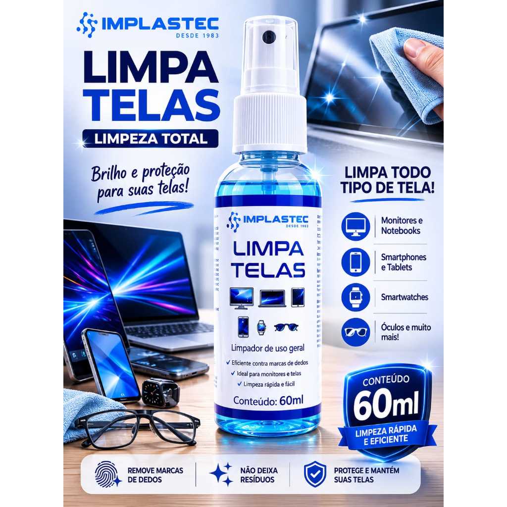 Limpa Telas + Flanela Antirrisco Macia I 60ml Eficiente Implastec - ENVIO IMEDIATO!