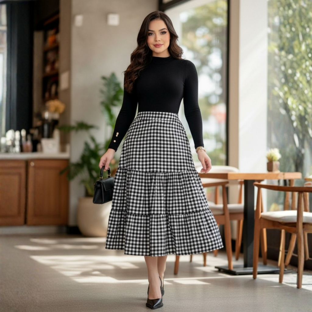 Saia Social Midi Cintura Alta com Babado Feminina Elegante Moda Evangélica