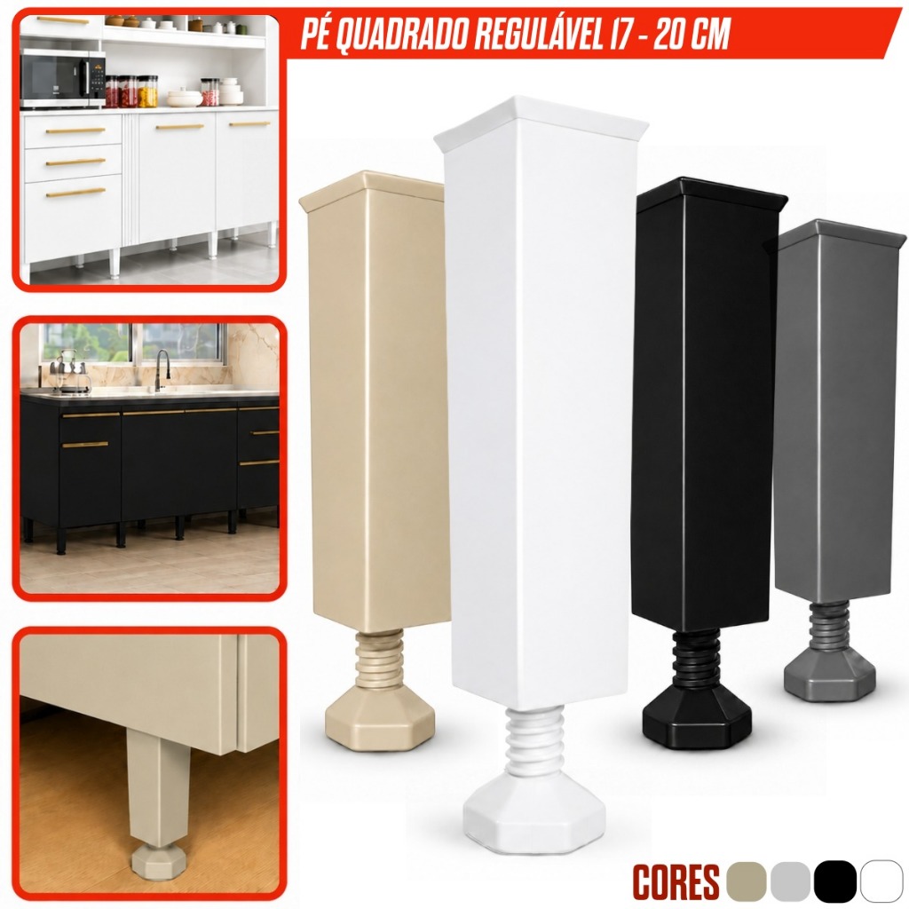 Pé de Cozinha Regulável Pés para Móveis Kit 2/4/6/10/20 Retangular 170x45x45