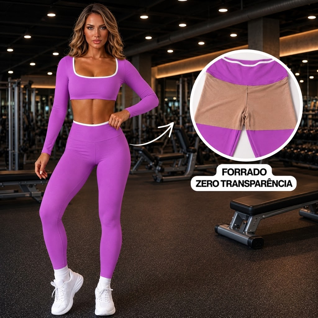 Conjunto Manga Longa Forrado de Academia Fitness Feminino com Top Manga Comprida e Legging Cós Alto