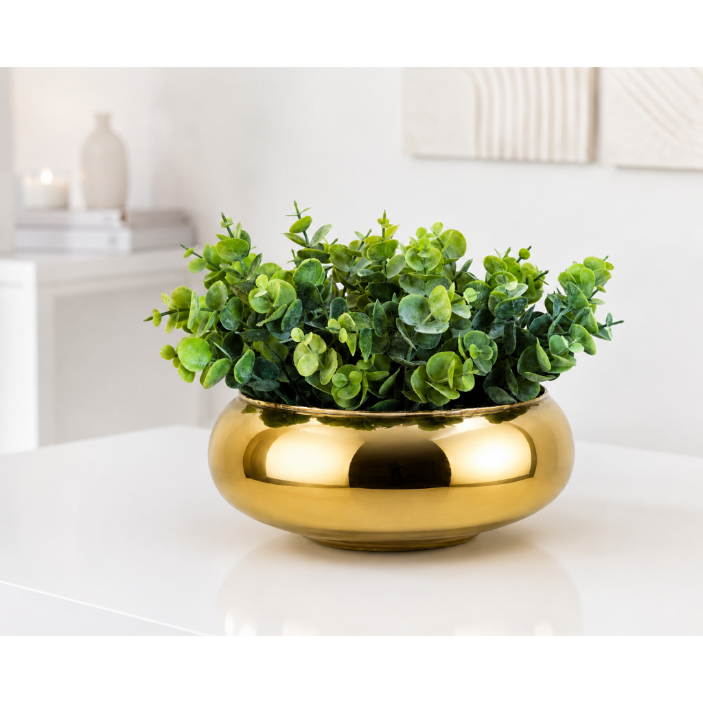Arranjo Vaso De Vidro Dourado Espelhado Verdinho Eucalipto