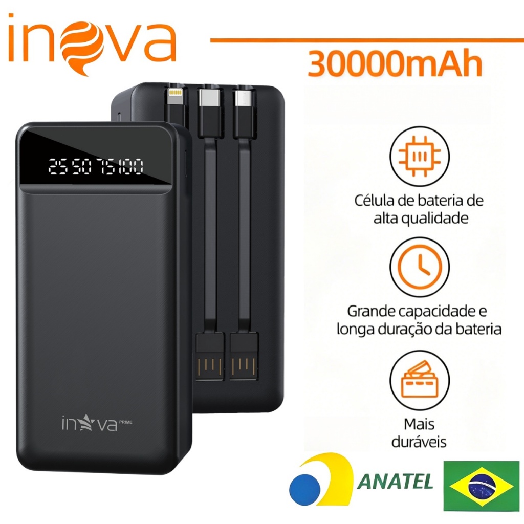 Power Bank Inova 30000mAh Turbo com 3 Cabos