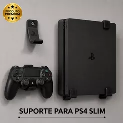 Suporte de Parede para PS4 Slim + 2 Suportes para Controle | Kit Completo