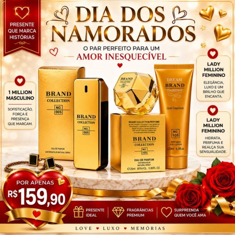 Kit Dia dos Namorados Brand Collection One Million + Lady Million + Hidratante Gold Diamond Presente Casal