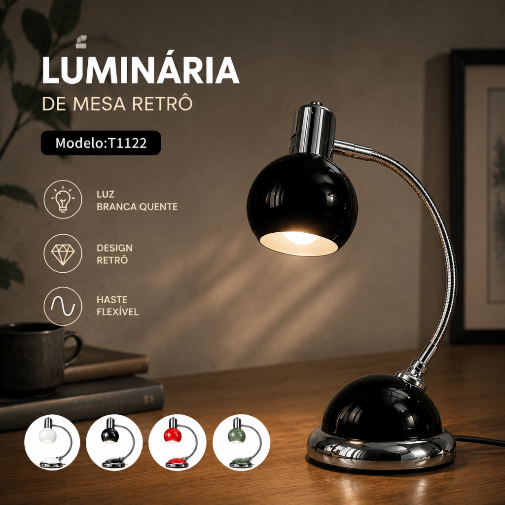 Luminária LED Mesa Bivolt 5.5W Haste Flexível Retro Vintage 4 Cores Luz Branca Quente Leitura Escritório Decoração Sala