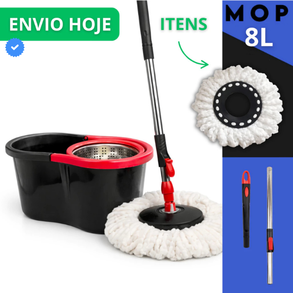 Mop Com Cabo Grande de 110 cm 8 Litros Cesto Em Inox - Balde Centrífuga Jatobraz