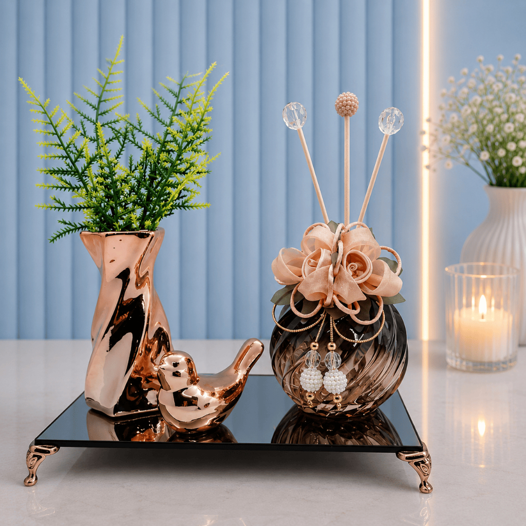 Difusor de Ambiente Transversal Degradê Salmão/Rosé Gold Luxo, Bandeja Bronze 22 x 12 cm, 1 Passarinho, Vaso Decorativo