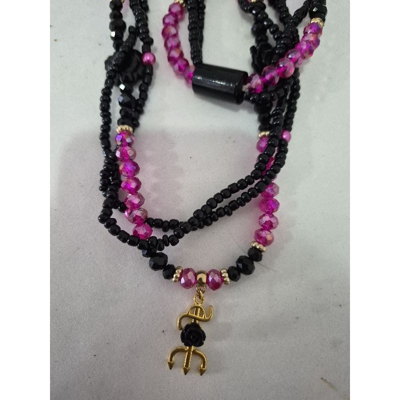 Guia / Fio de Conta Brajá 3 Fios Pomba Gira Menina | Cristal Preto e Rosa com Pingente
