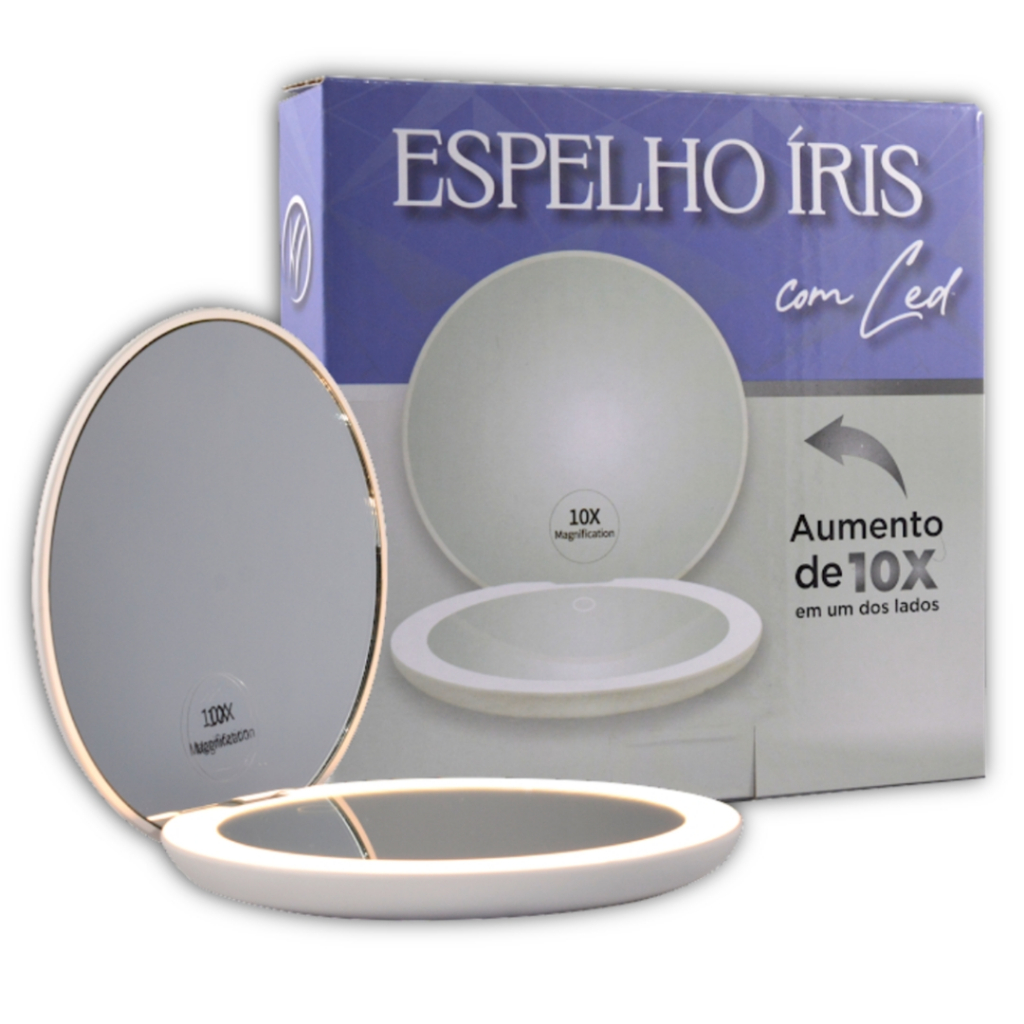 Espelho Iris Dupla Face Aumento 10x com Luz Led Dobrável Klass Vough