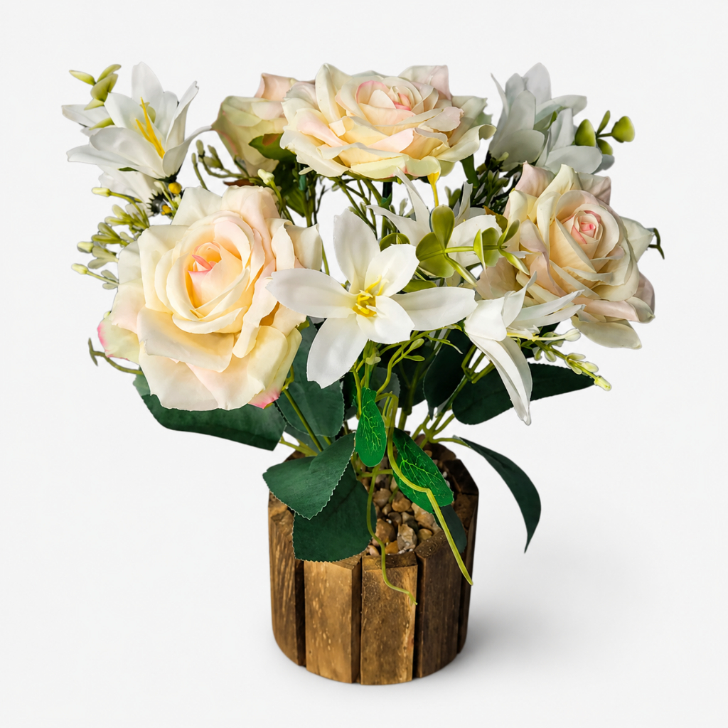 Arranjo Rosas Creme E Lírios Brancos Artificiais X7 Vaso Rústico Decorativo Para Mesa Sala E Quarto