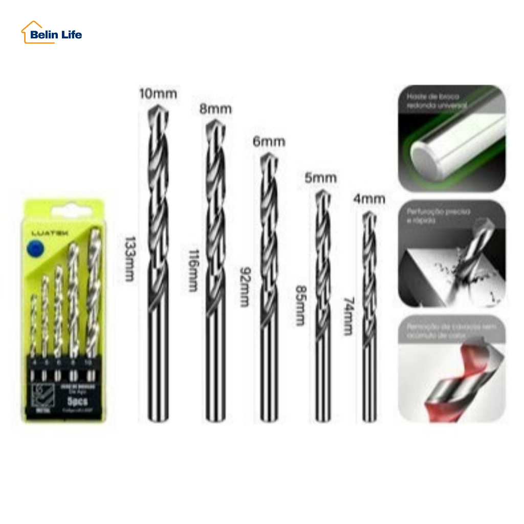 Kit Jogo De Brocas 5 Peças Furadeira Universal Aço Carbono Uso Doméstico Luatek