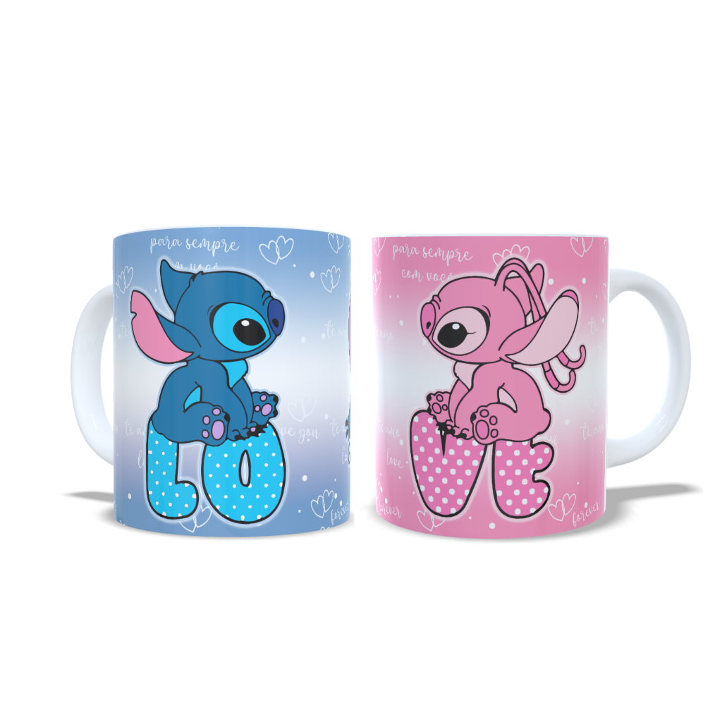 Kit Caneca Casal Stitch e Angel - Metade dele - Metade Dela Presente Personalizado