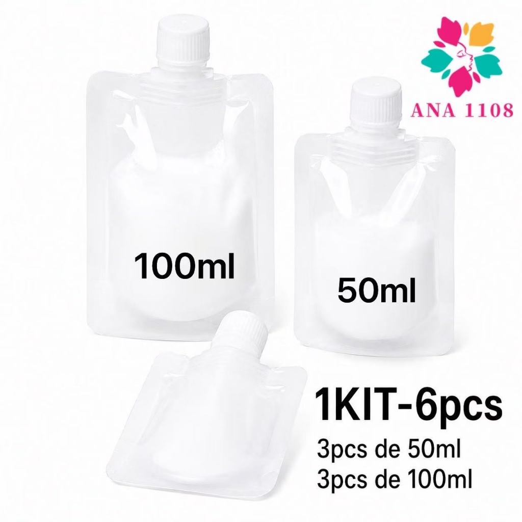 Kit12 saco frasco multiuso plástico 100ml/50ml para amostras de embalagem de loção dobrável para viagem