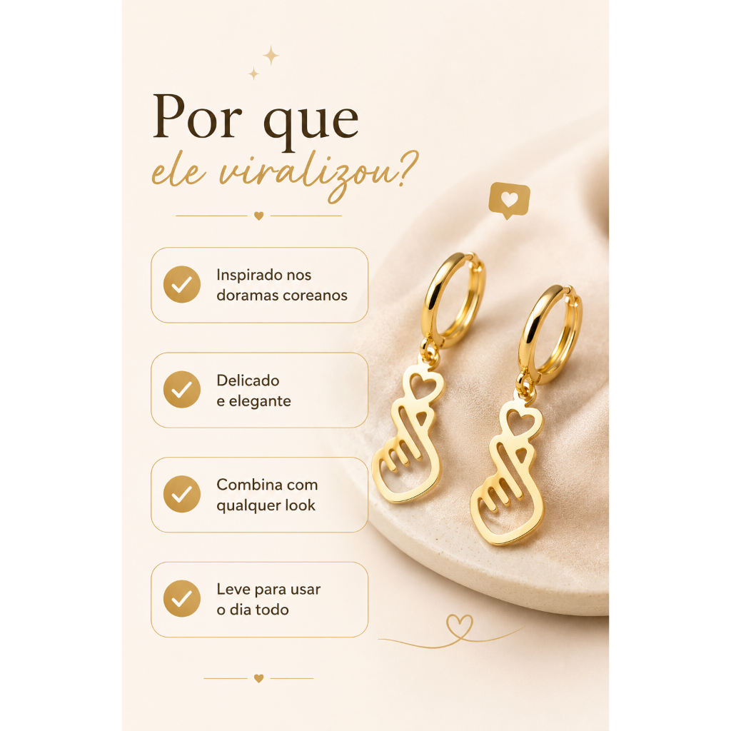 Brinco Feminino Argola Dorama Gesto Coração Coreano Ouro 18k