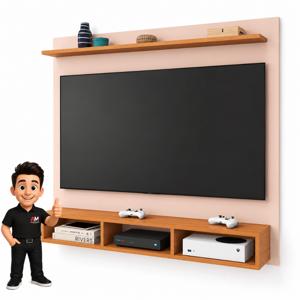 Painel Aconchego Ripado 3D Premium Com Nichos Decorativos para TVs até 50 Polegadas Rack Suspenso Sala de Estar Moderna