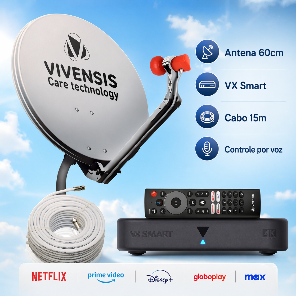 Kit Receptor Vx Smart Com Antena Parabólica Sathd Regional Completo Cabo Coaxial 15 Metros