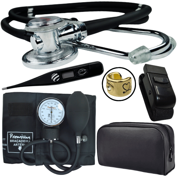 Kit Aparelho PressaoTermometro Esfigmomanometro Estetoscopio Rappaport Garrote Torniquete