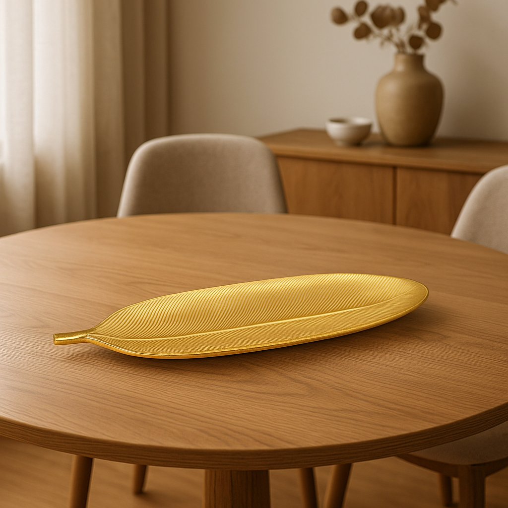 Centro de Mesa Decorativo Folha Dourada 41cm MDF – Enfeite Elegante para Sala, Cozinha e Fruteira