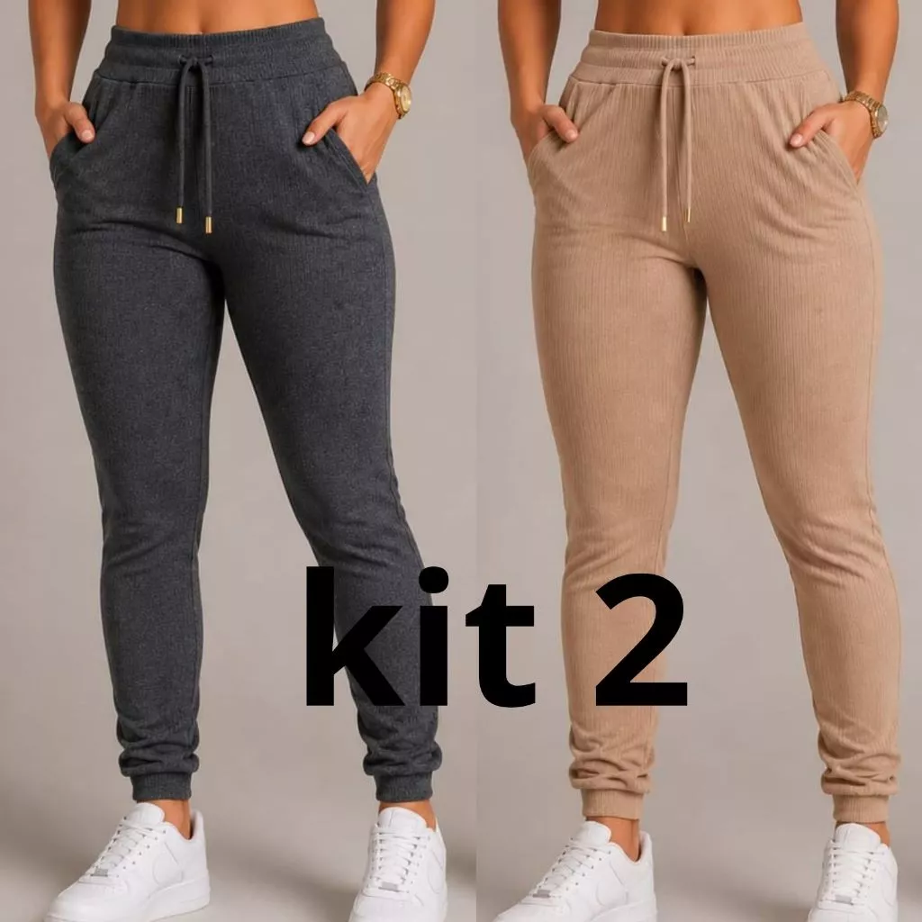 KIT 2  Calça femenino Plus Size Joguer }Pantalona Extra Grande Roupas Gordinhas Leguins Montaria Fler Skinny coz alto — imagem 1