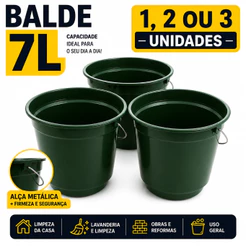 Balde Plástico 7L Colorido Kit 1 2 ou 3 Unidades Reforçado Multiuso Limpeza Casa Lavanderia